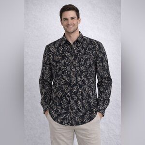 Perry Ellis 100% Silk Shirt Mens
Medium Black Leaf Print Button Up
Long Sleeve